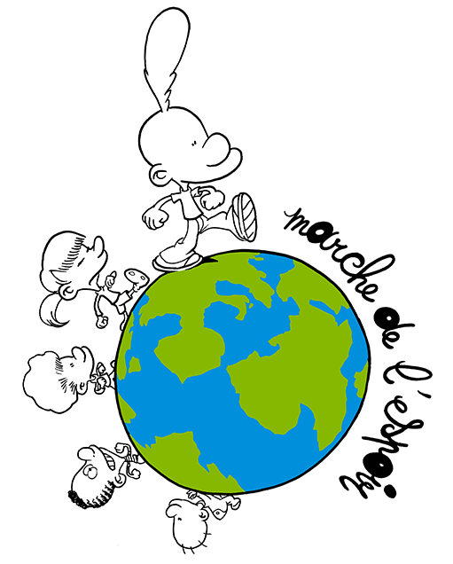 Logo de la Marche de l'espoir avec Titeuf et ses amis qui marchent autour de la Terre